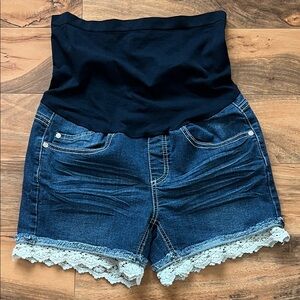 Denim Diva Maternity Shorts Small Blue Stretch Lace Trim Denim Pregnancy Cute